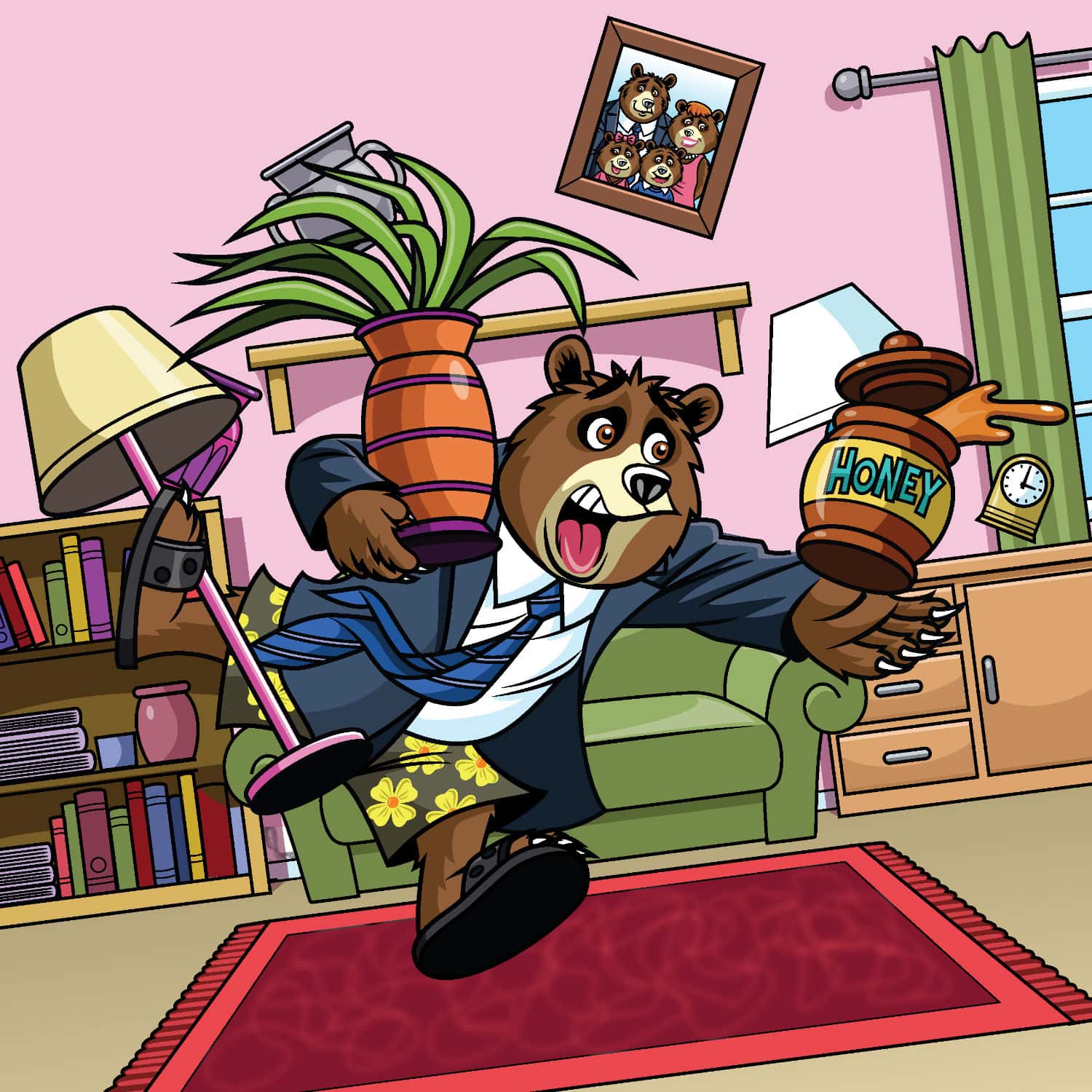 Illustration of a bear inside a house during an earthquake